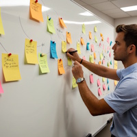 office worker using a whiteboard covered in stick-it notes