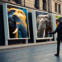 Three advertisement billboards showing three possible AI elephants to choose from