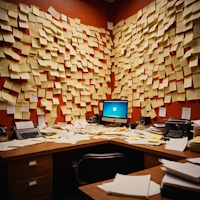Corner of an office with the two walls in view covered by paper notes